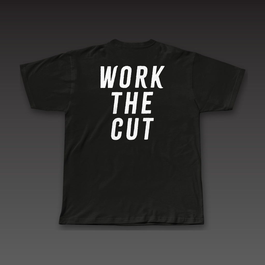 Main Event Tee in black, Work the Cut across the full back