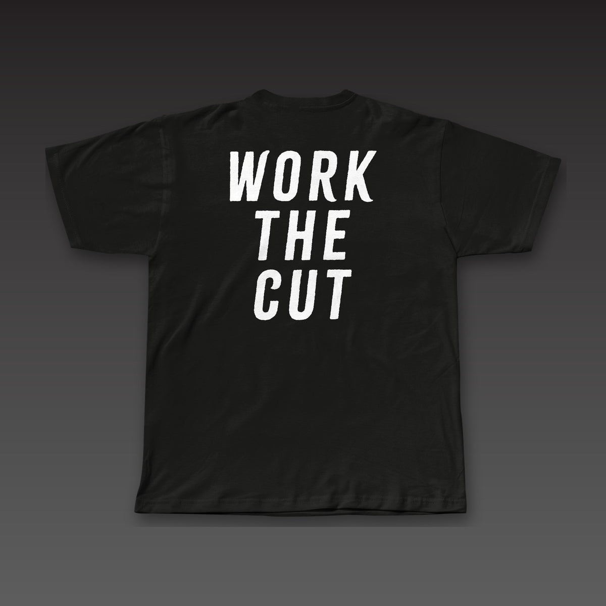 Main Event Tee in black, Work the Cut across the full back