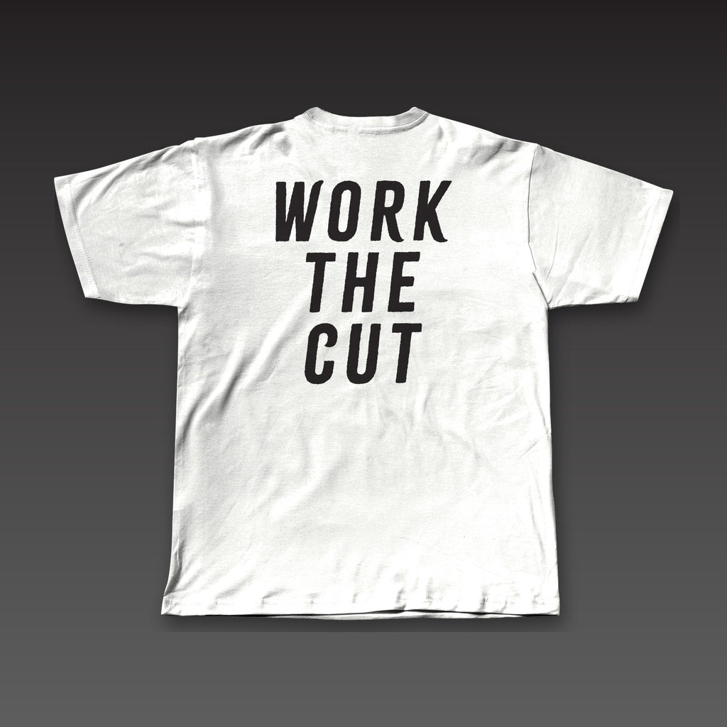 Main Event Tee in white, Work the Cut across the full back