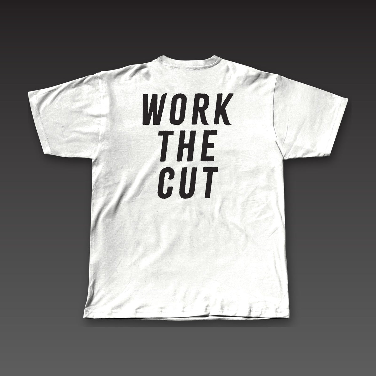 Main Event Tee in white, Work the Cut across the full back