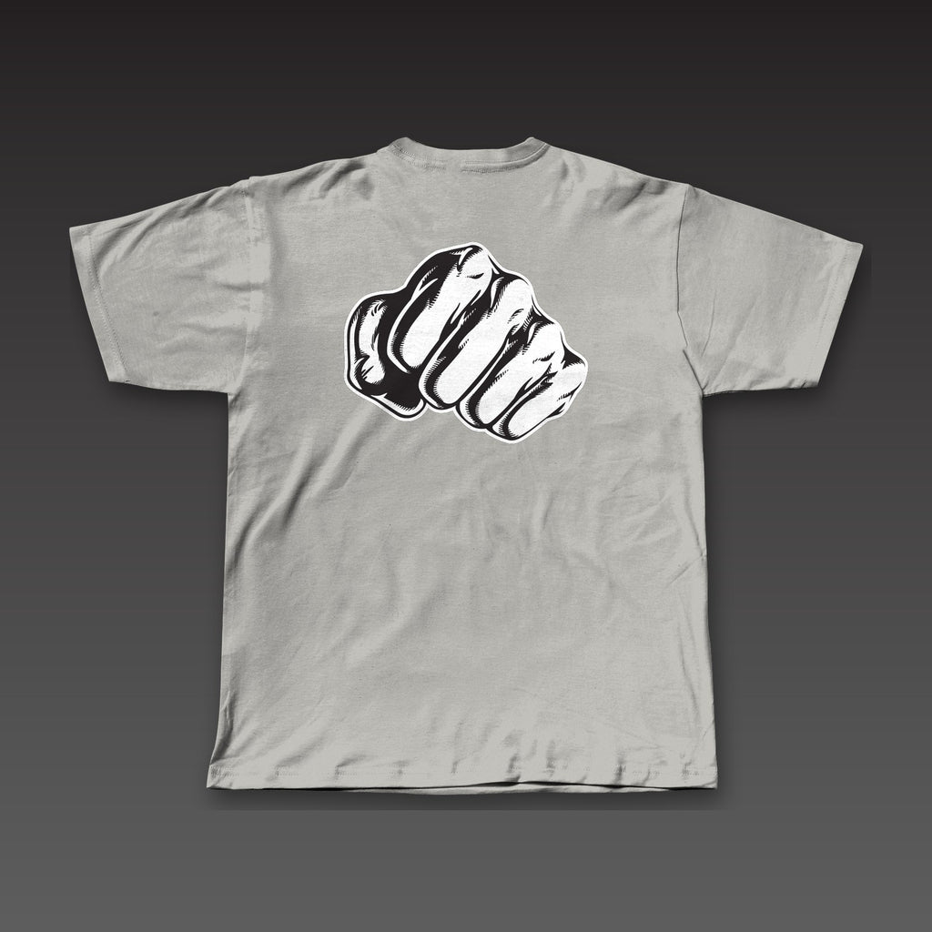 Haymaker Tee in athletic grey, a single fist across the full back
