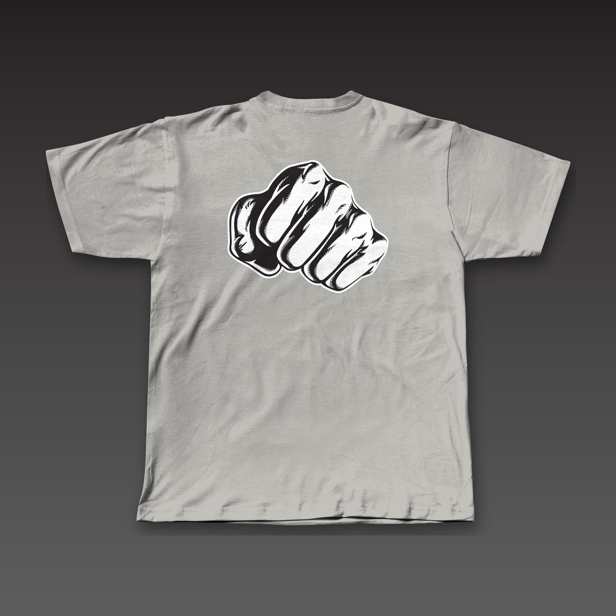 Haymaker Tee in athletic grey, a single fist across the full back