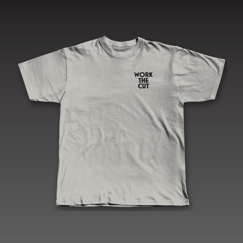 Haymaker Tee in athletic grey, Work the Cut stacked on the left chest