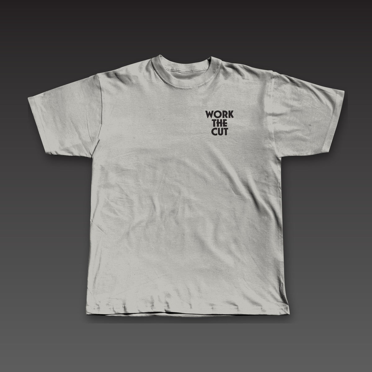 Haymaker Tee in athletic grey, Work the Cut stacked on the left chest