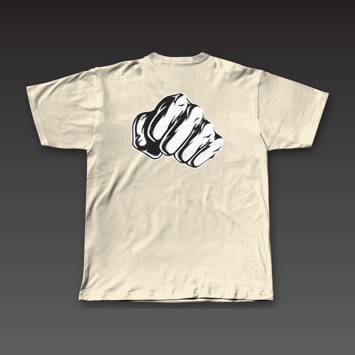 Haymaker Tee in oatmeal, a single fist across the full back
