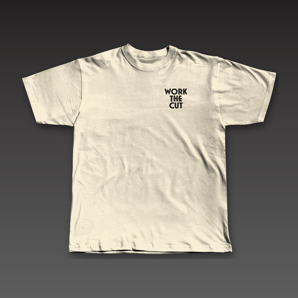 Haymaker Tee in oatmeal, Work the Cut stacked on the left chest