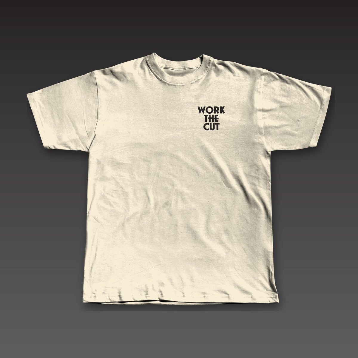 Haymaker Tee in oatmeal, Work the Cut stacked on the left chest