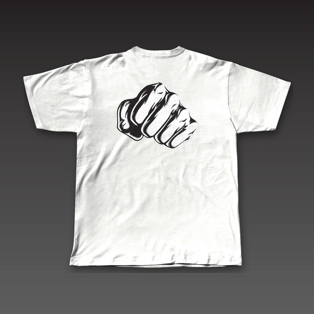 Haymaker Tee in white, a single fist across the full back
