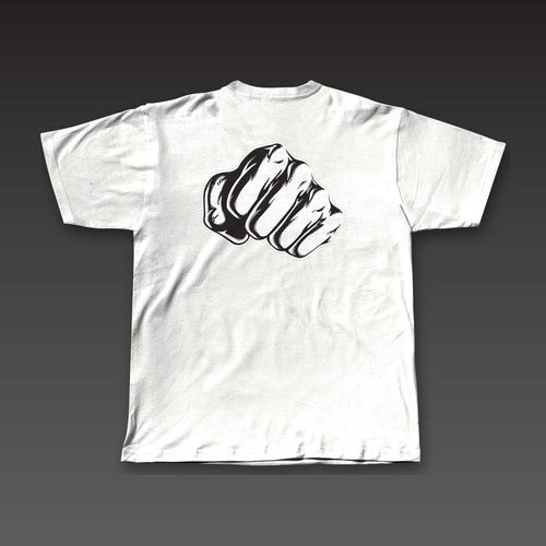 Haymaker Tee in white, a single fist across the full back