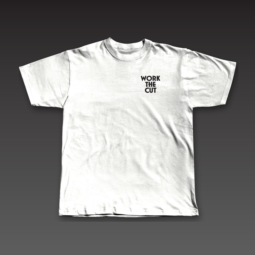Haymaker Tee in white, Work the Cut stacked on the left chest