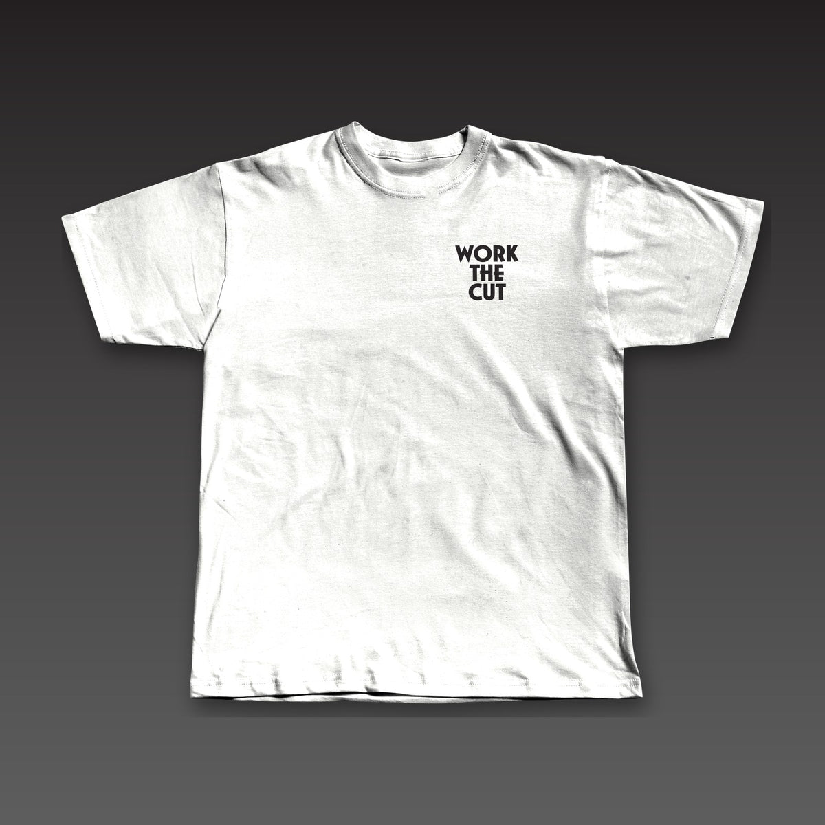 Haymaker Tee in white, Work the Cut stacked on the left chest