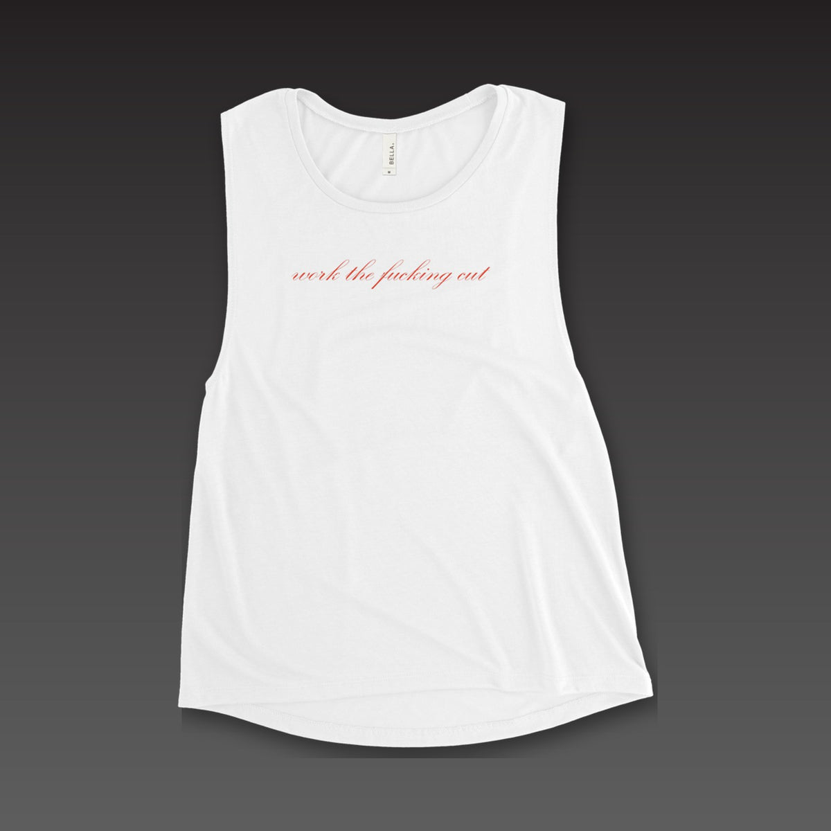 Blood Script Muscle Tank in white, the phrase in blood orange script across the chest