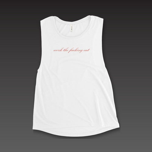 Blood Script Muscle Tank in white, the phrase in blood orange script across the chest
