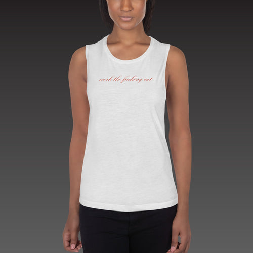 Blood Script Muscle Tank in white, the phrase in blood orange script across the chest, shown on a model