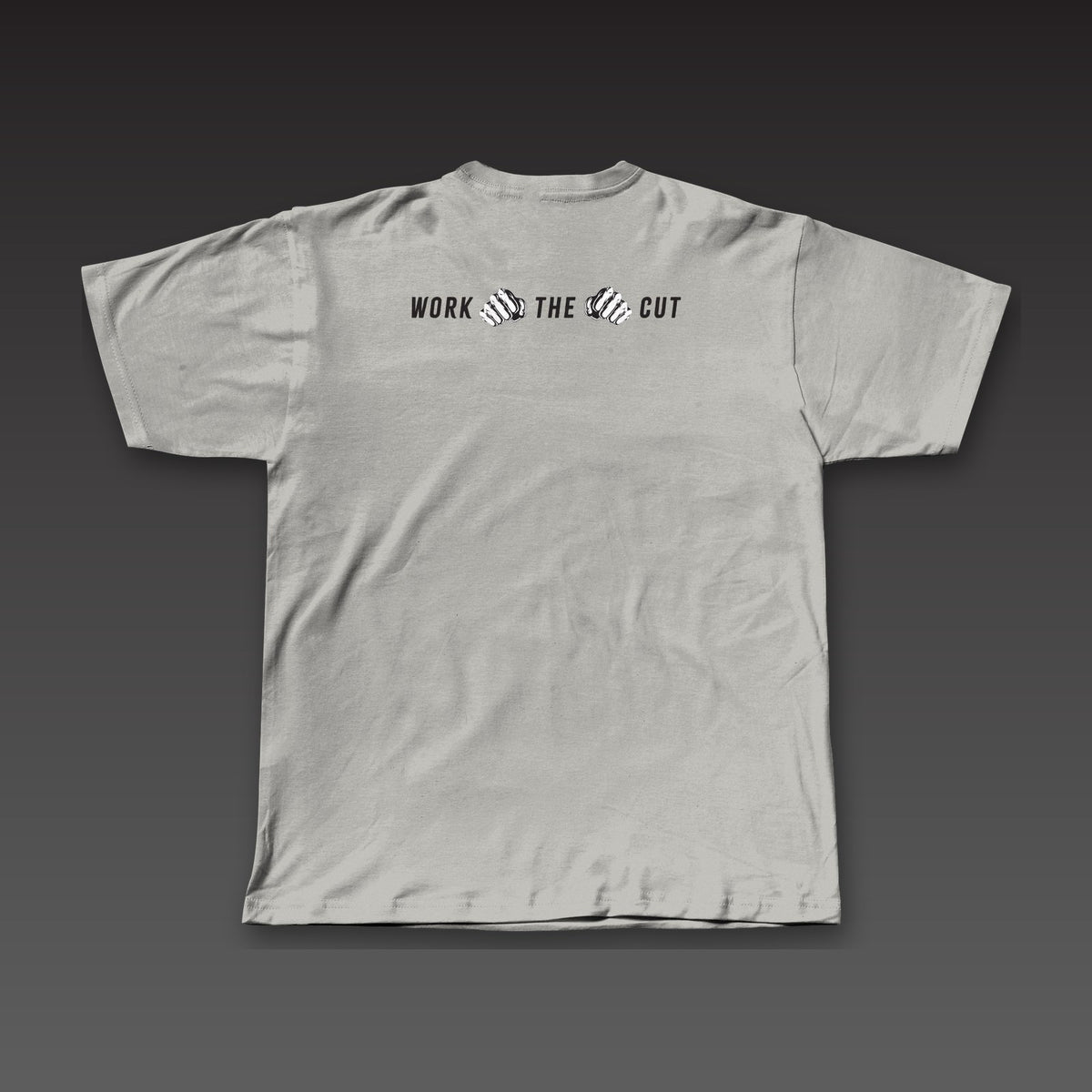 One-Two Tee in athletic grey, Work the Cut in a row with fists below the collar