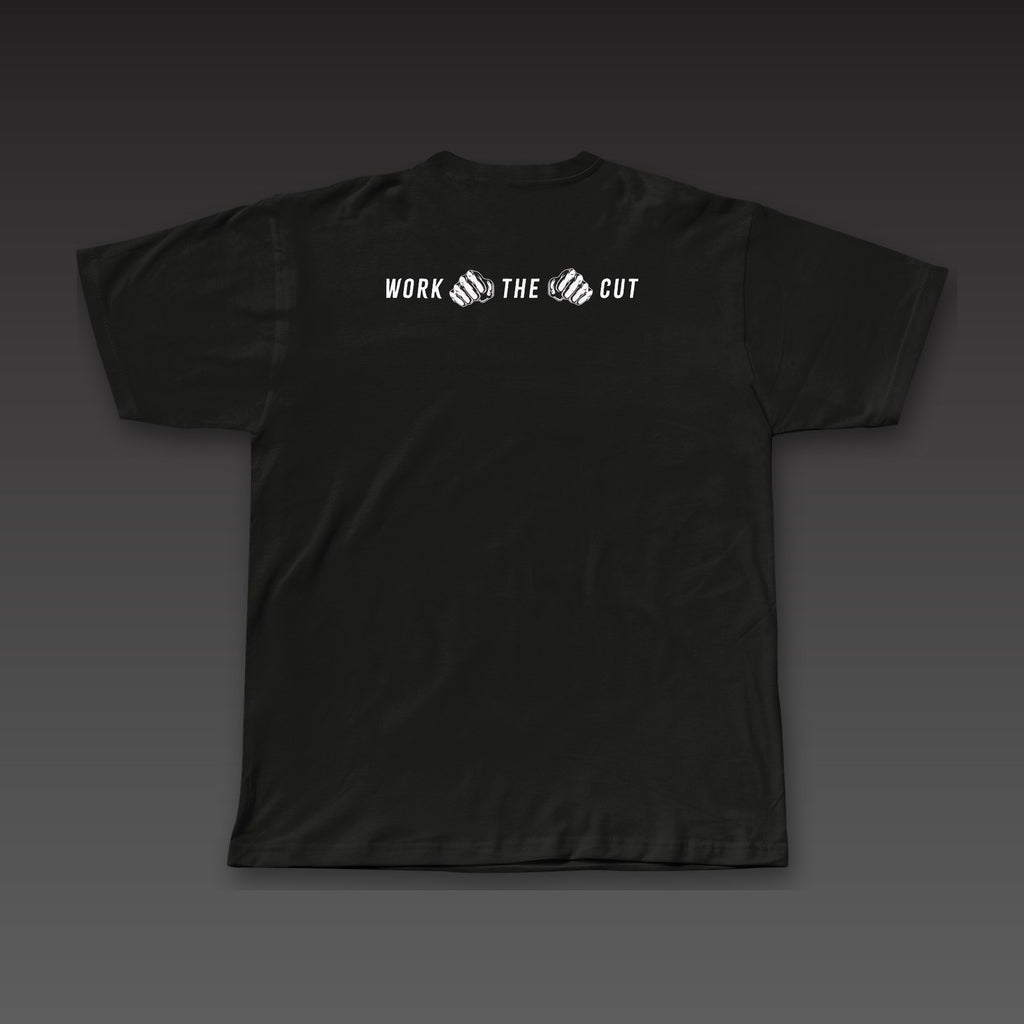 One-Two Tee in black, Work the Cut in a row with fists below the collar