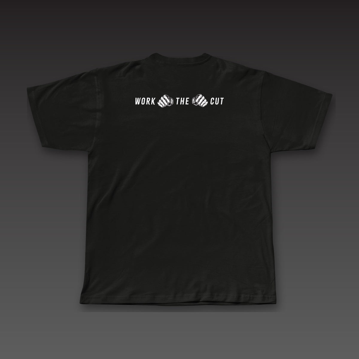 One-Two Tee in black, Work the Cut in a row with fists below the collar