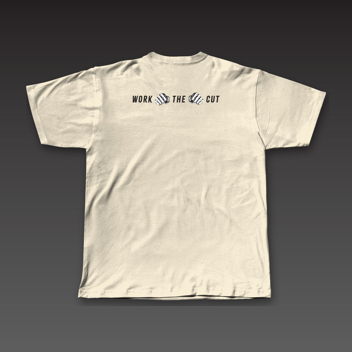 One-Two Tee in oatmeal, Work the Cut in a row with fists below the collar