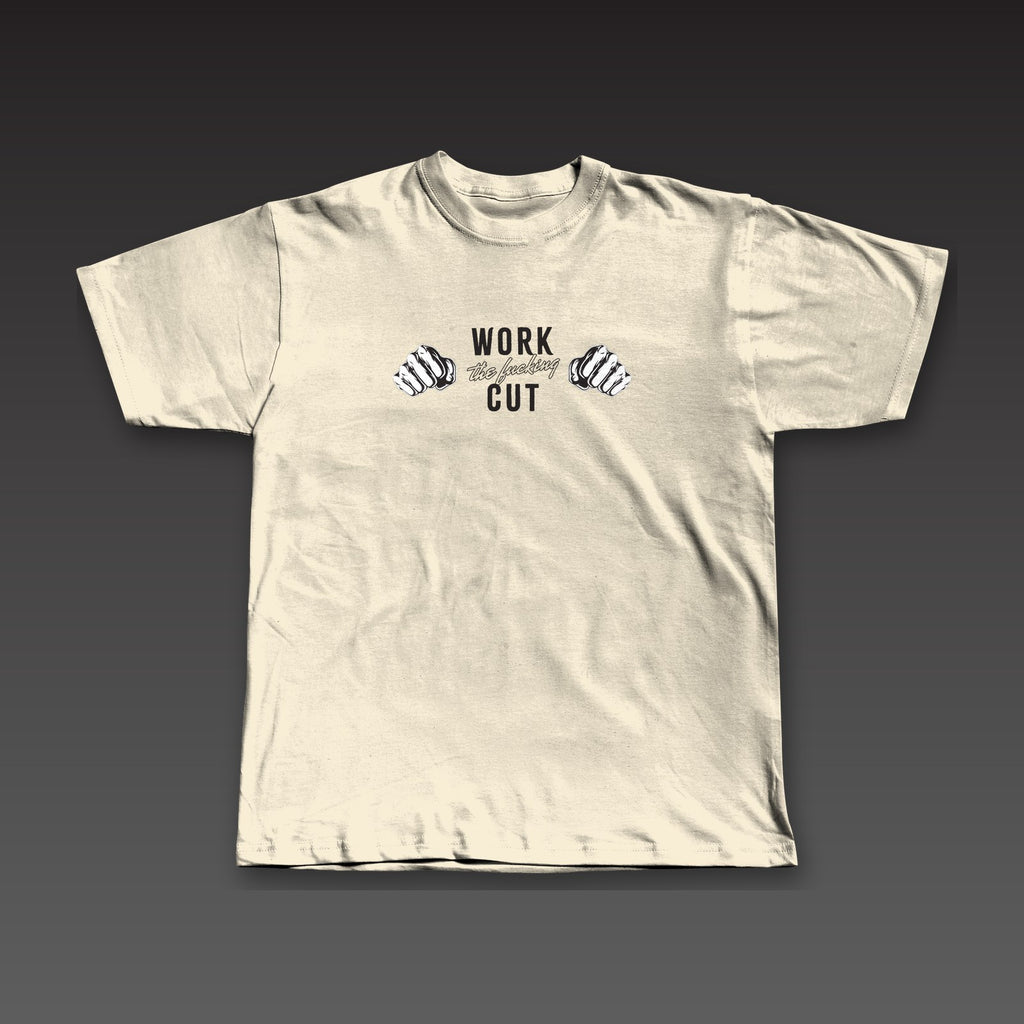 One-Two Tee in oatmeal, two fists with the full phrase across the chest