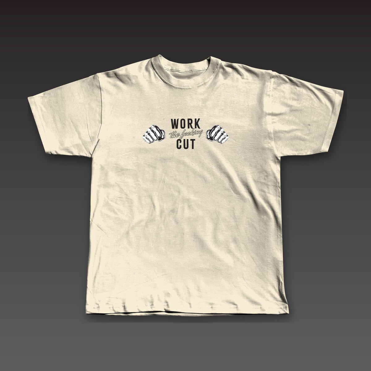 One-Two Tee in oatmeal, two fists with the full phrase across the chest