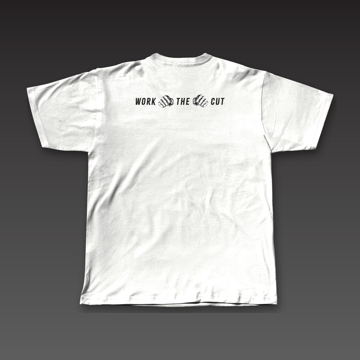 One-Two Tee in white, Work the Cut in a row with fists below the collar