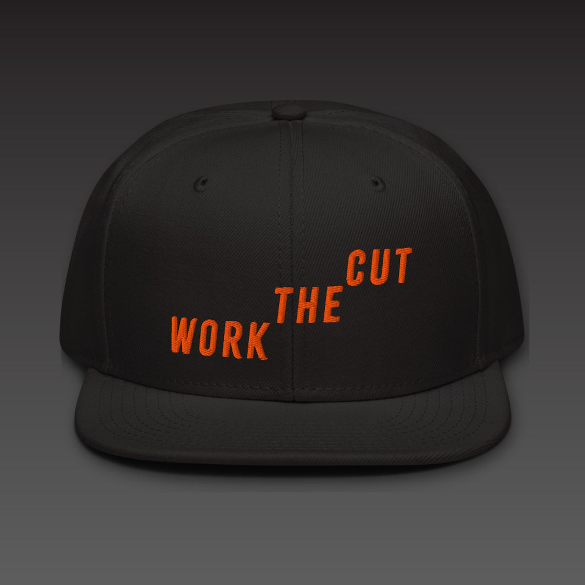 Climb Flat Bill in black / orange, WORK THE CUT climbing across the front in orange embroidery