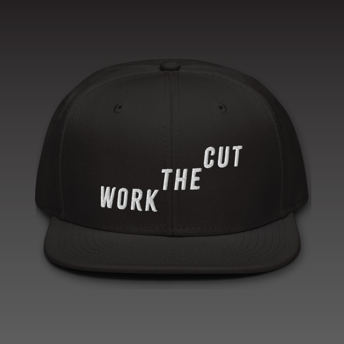 Climb Flat Bill in black / white, WORK THE CUT climbing across the front in white embroidery