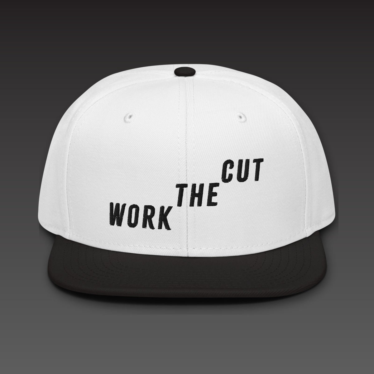 Climb Flat Bill in white / black, WORK THE CUT climbing across the front in black embroidery