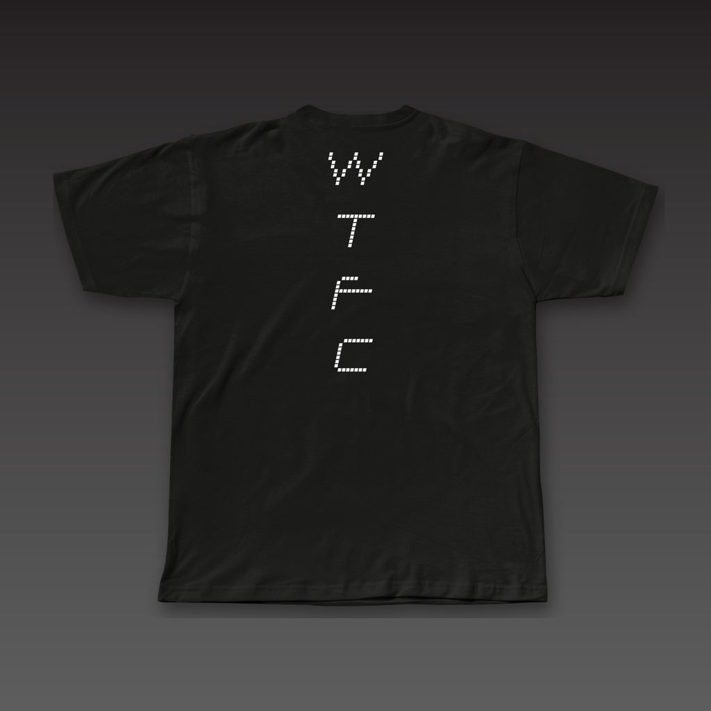 Split Decision Tee in black, dotted WTFC running down the back