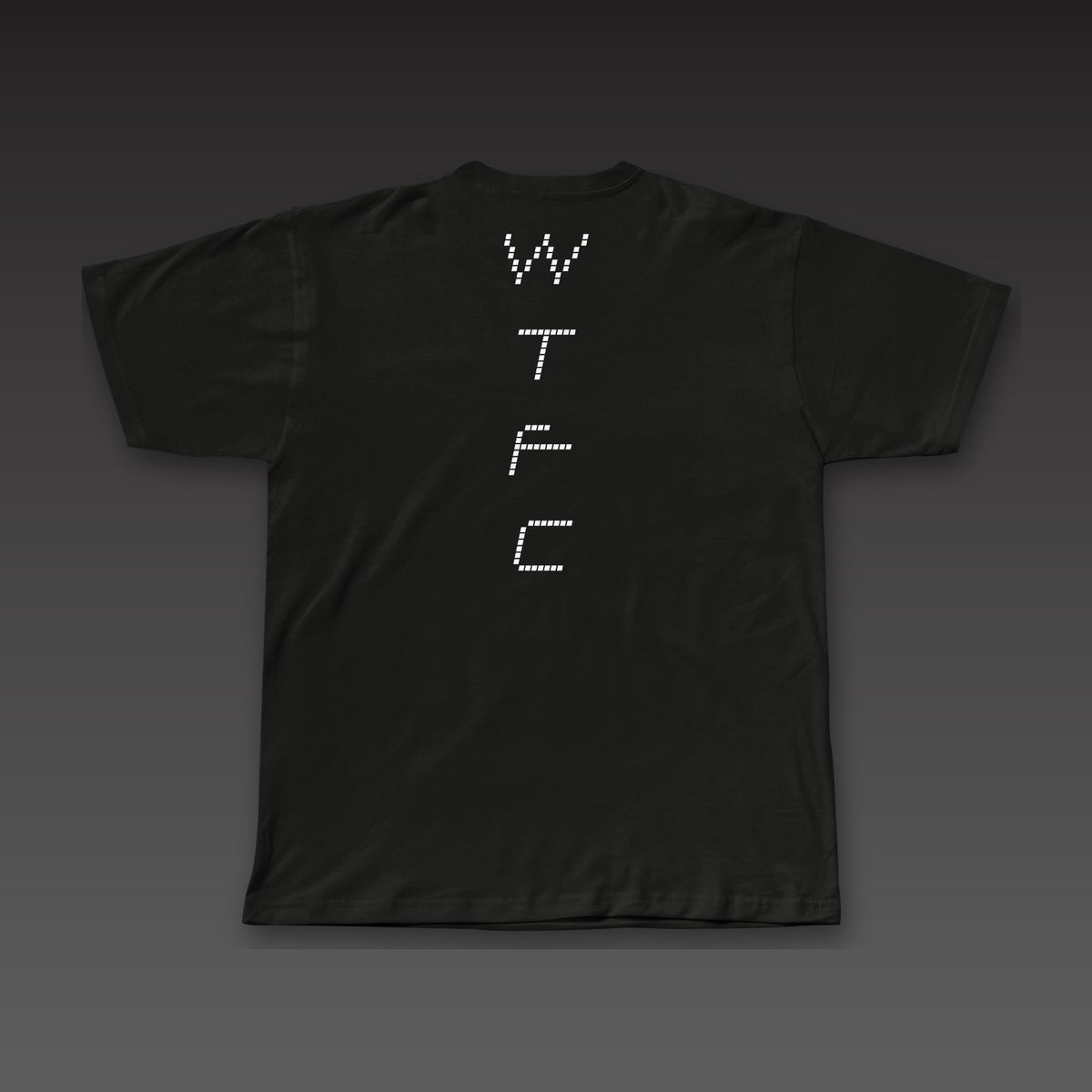 Split Decision Tee in black, dotted WTFC running down the back