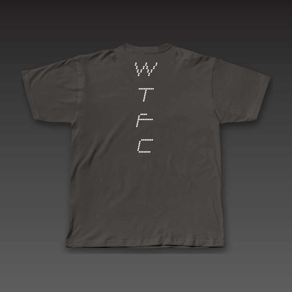 Split Decision Tee in charcoal black, dotted WTFC running down the back