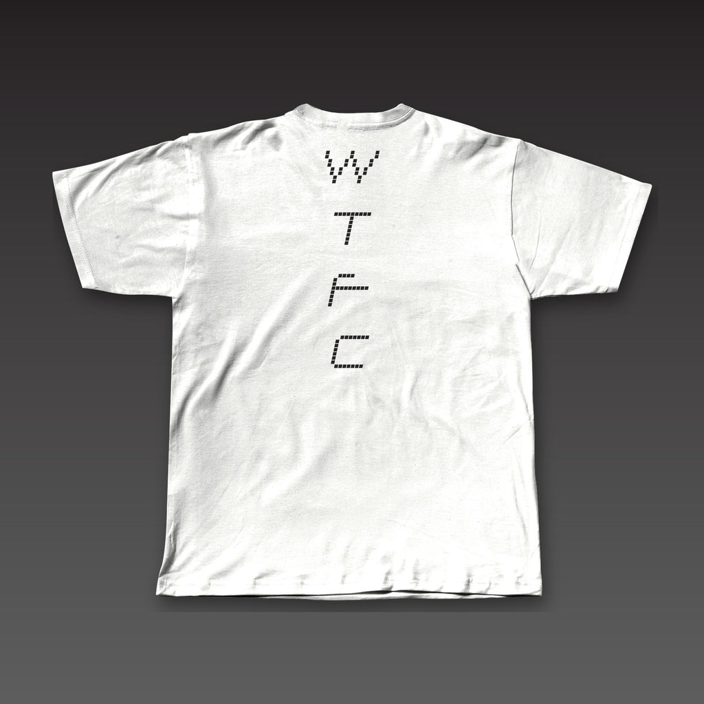 Split Decision Tee in white, dotted WTFC running down the back