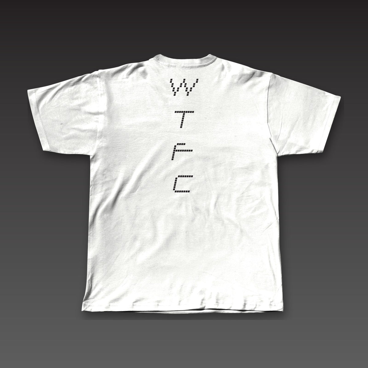 Split Decision Tee in white, dotted WTFC running down the back