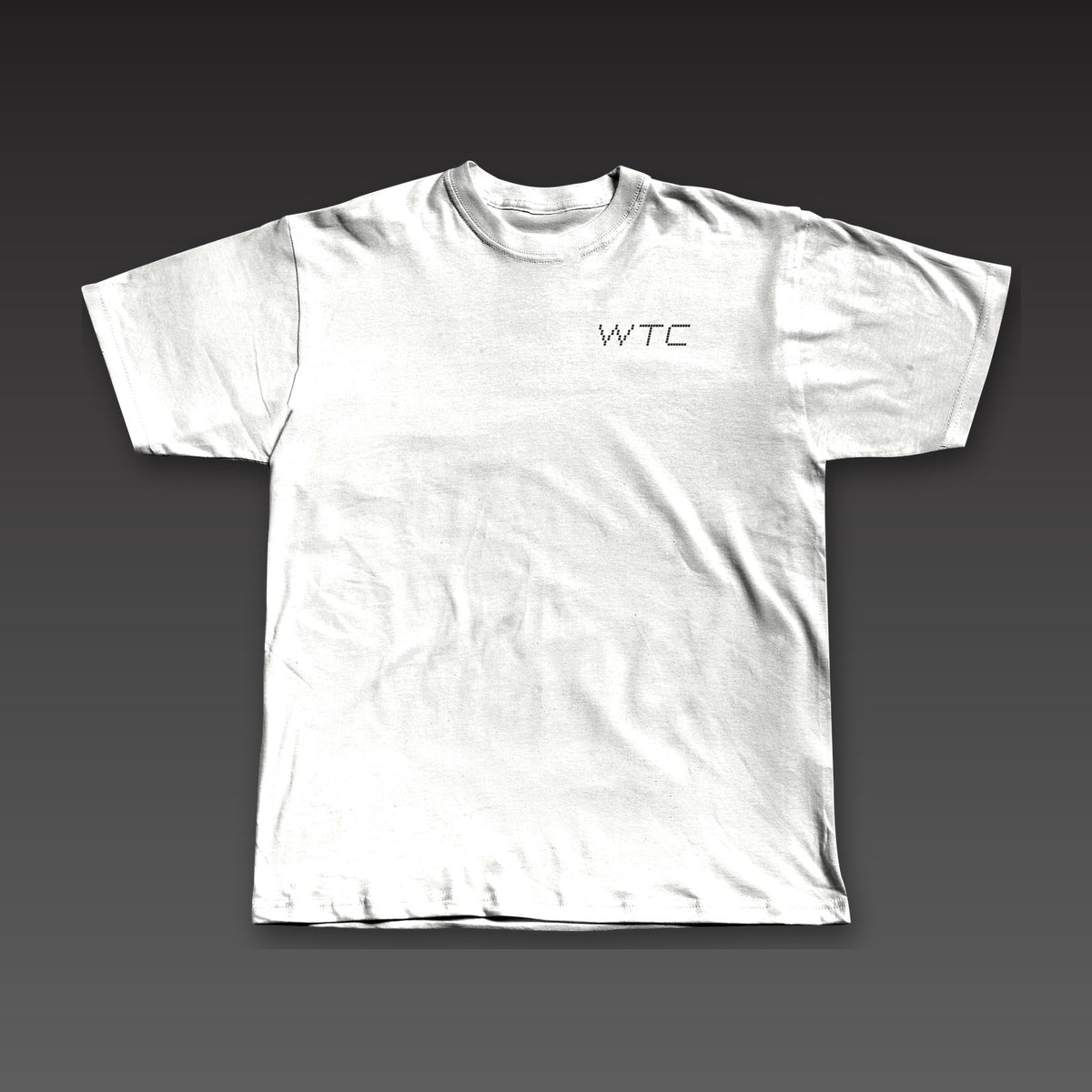 Split Decision Tee in white, dotted Work the Cut stacked on the left chest