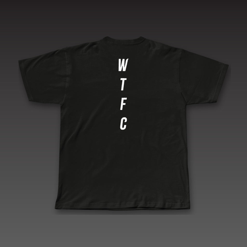 Fine Print Tee in black, WTFC running down the back