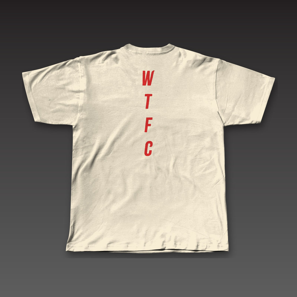 Fine Print Tee in oatmeal / red, WTFC running down the back