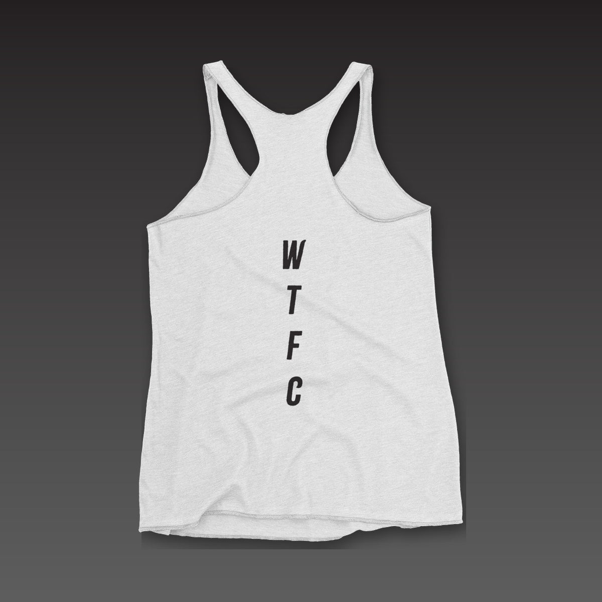 Fine Print Tank in heather white, WTFC running down the back