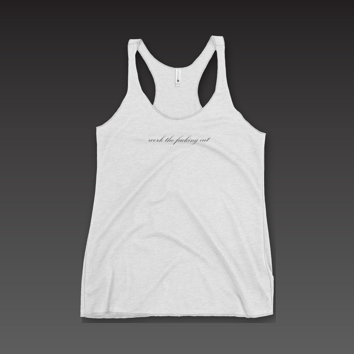 Fine Print Tank in heather white, the phrase in black script across the chest