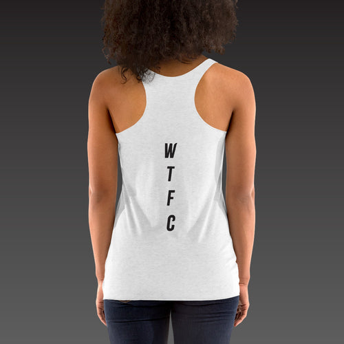 Fine Print Tank in heather white, WTFC running down the back, shown on a model