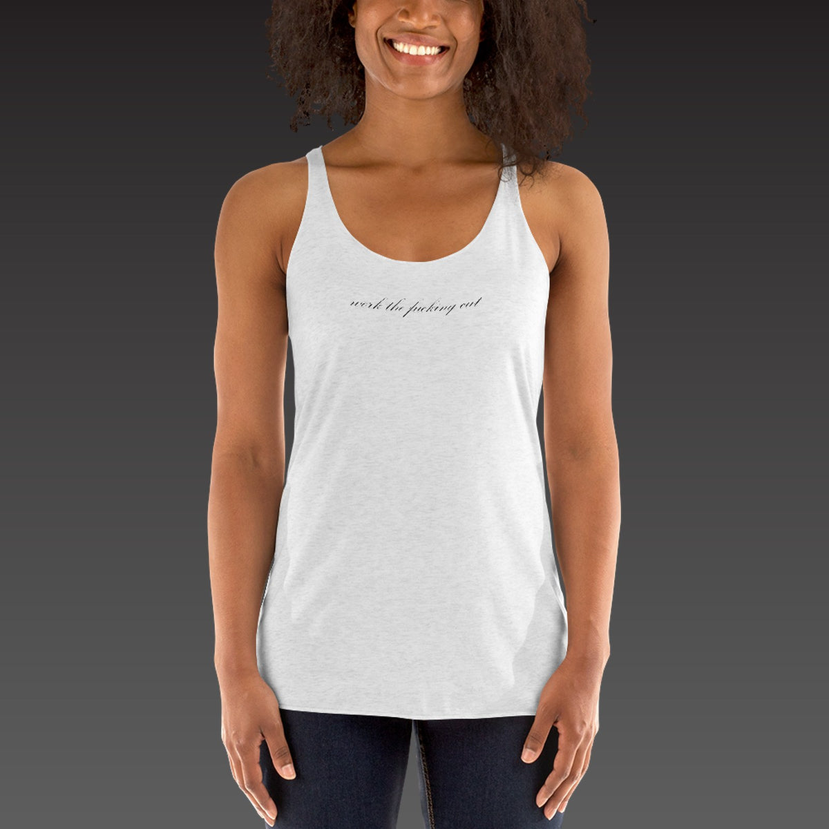 Fine Print Tank in heather white, the phrase in black script across the chest, shown on a model