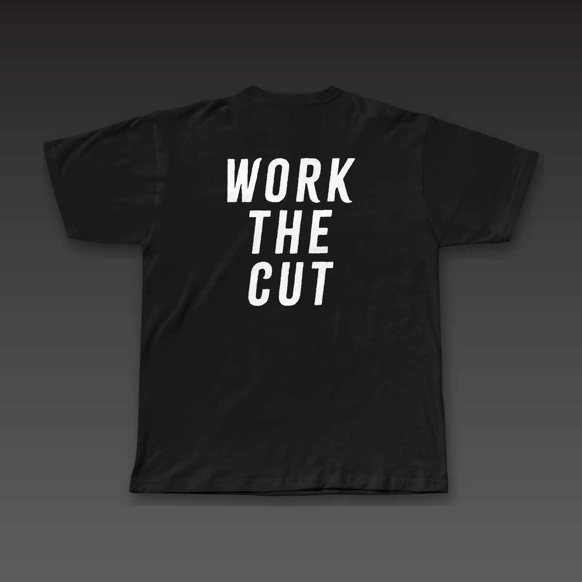 The Jab Tee in black, Work the Cut stacked across the back
