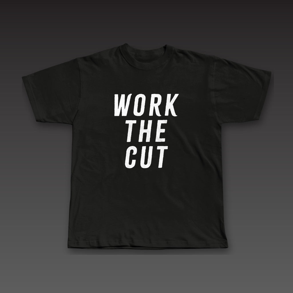 Headliner Tee in black, Work the Cut stacked down the whole front