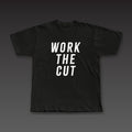 Headliner Tee in black, Work the Cut stacked down the whole front