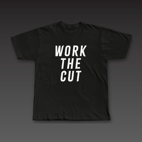 Headliner Tee in black, Work the Cut stacked down the whole front
