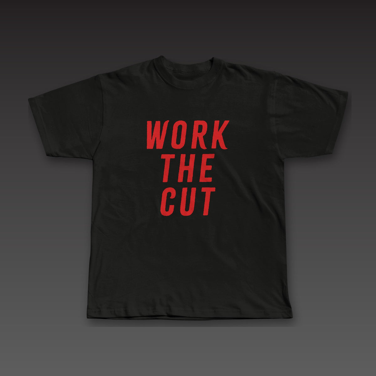 Headliner Tee in black / red, Work the Cut stacked down the whole front