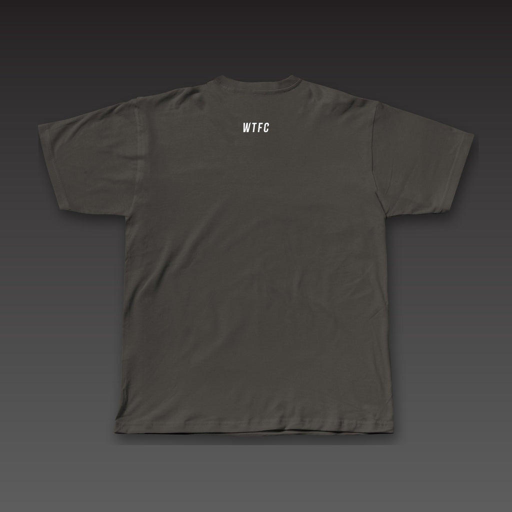 Headliner Tee in charcoal black, a small WTFC below the back collar