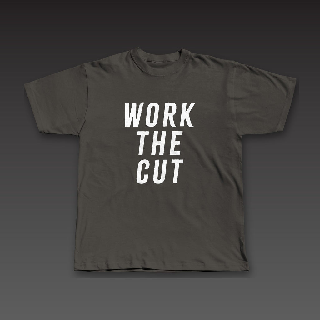 Headliner Tee in charcoal black, Work the Cut stacked down the whole front
