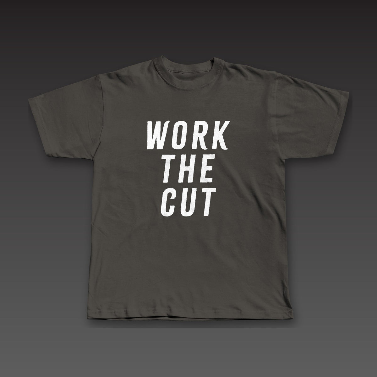 Headliner Tee in charcoal black, Work the Cut stacked down the whole front