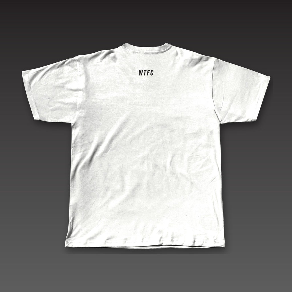 Headliner Tee in white, a small WTFC below the back collar