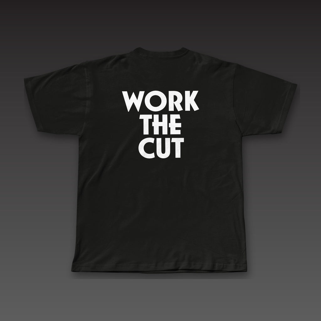 Heavyweight Tee in black, Work the Cut stacked in geometric letters across the back